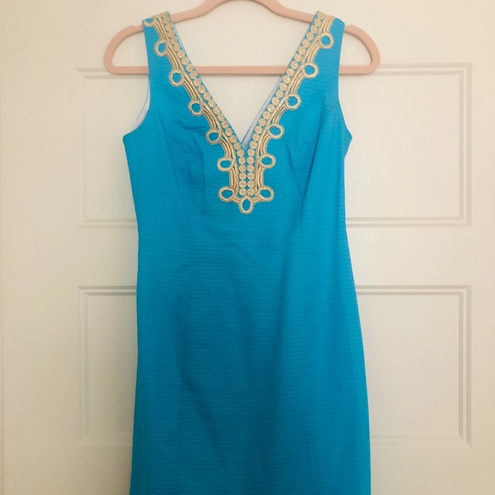 Lily Pulitzer Blue Sleeveless Azul Dress with Gold Embroidery